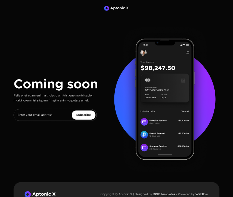 Coming Soon - Aptonic X Webflow Template