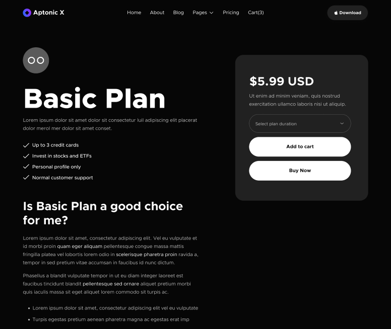 Pricing Single - Aptonic X Webflow Template